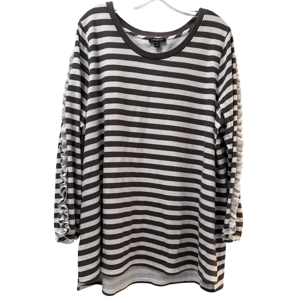 Lane Bryant Sweatshirt Womens Size 22/24 Gray White Striped Ruffle Seam Sleeves